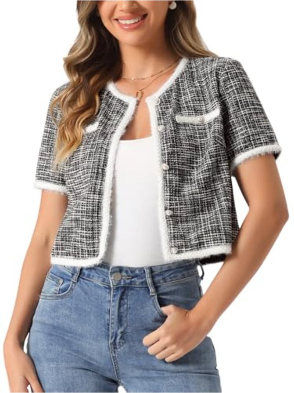 Tweed Cropped Blazer Short Sleeve Crew Neck Button Down Jacket